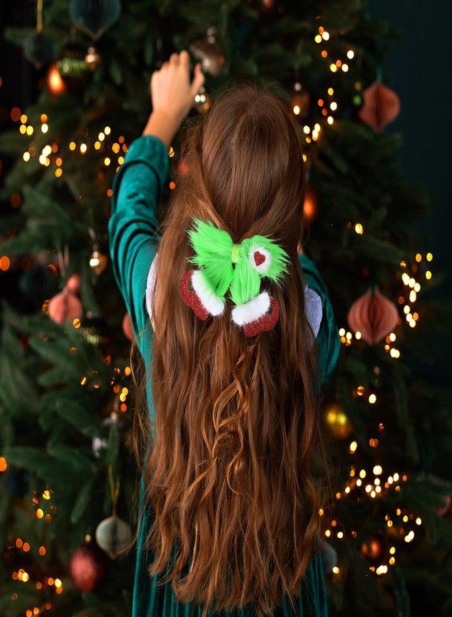 Miroksh Christmas Green Fur Hair Bows 2pcs 4in Holiday Costume Hairbow Alligator Clip with Glitter Heart for Girls Women Kids Xmas Party Dress Decor Accessories Stocking Stuffer Gift - Image 5